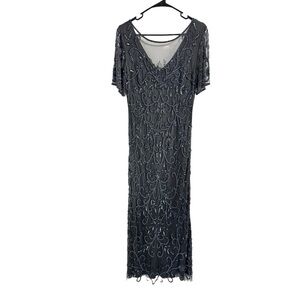 Pisarro Nights Beaded Mesh Column Short Sleeve V-Neck Gown in Slate Size 10 NWT